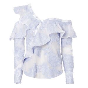 Self-Portrait Floral Fil Coupe Asymmetric Ruffle Top Pale Blue and White 6